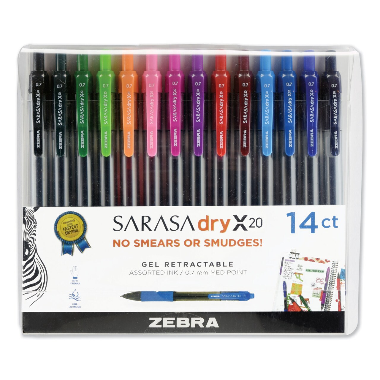 Zebra Pen Sarasa Dry Gel X20 Retractable Gel Pen Medium 0.7mm Assorted Ink/Barrel 14/Pack